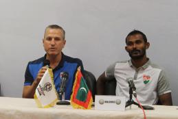 FOOTAGE FROM THE PRESS CONFERENCE FOR PALESTINE AND MALDIVES TEAMS COACHES
