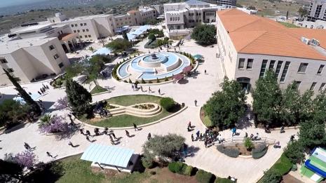 An aerial view of fountain yard at the university